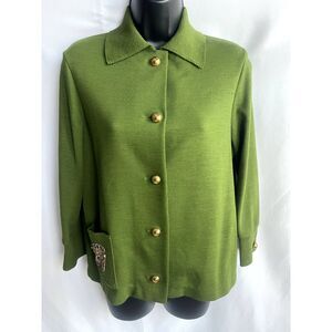 Vintage Sebastian 100% Wool Green Cardigan Sweater sz 12 Academia Pockets Retro